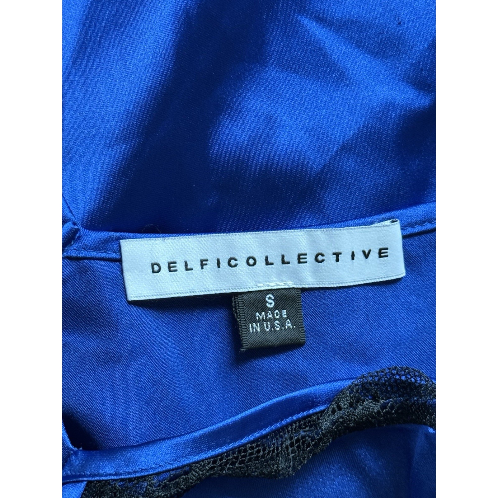 Delfi Collective Alexis Dress Size Small Blue Satin Black Lace Panels Slip Maxi — image 4 of 8